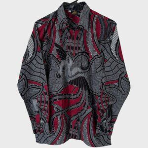 Vintage Batik Semar Traditional Indonesian Button-Up Shirt Gray Red Men's Large